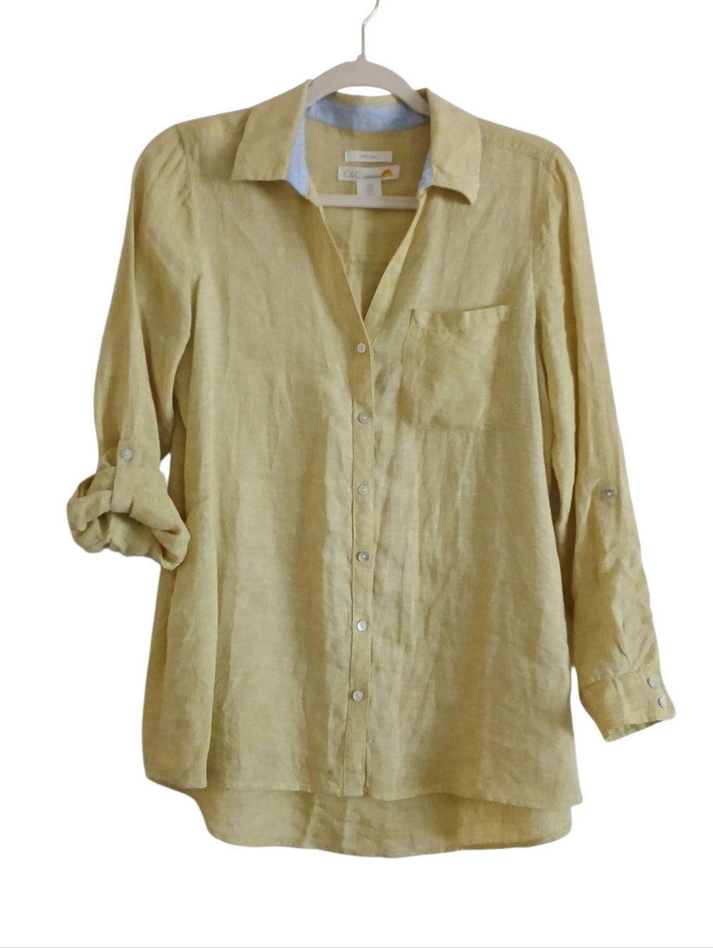 C&C California 100% Linen Button Up Camp Shirt Women's S Green Yellow Relaxed